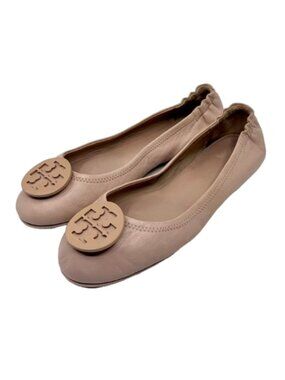 TORY BURCH~Minnie~TRAVEL BALLET FLAT~REVA LOGO PINK NAPA LEATHER Size 9.5